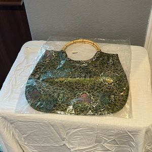 Green Chinese Handbag with Bamboo Handles.